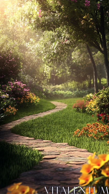 Sunlit stone pathway through dynamically lit floral garden.