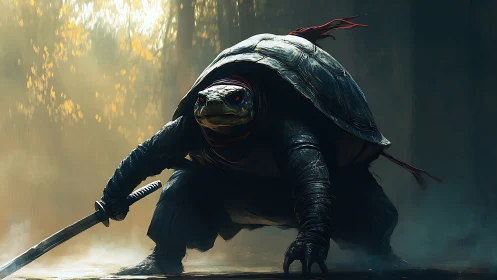 Humanoid turtle figure holds katana in misty forest clearing