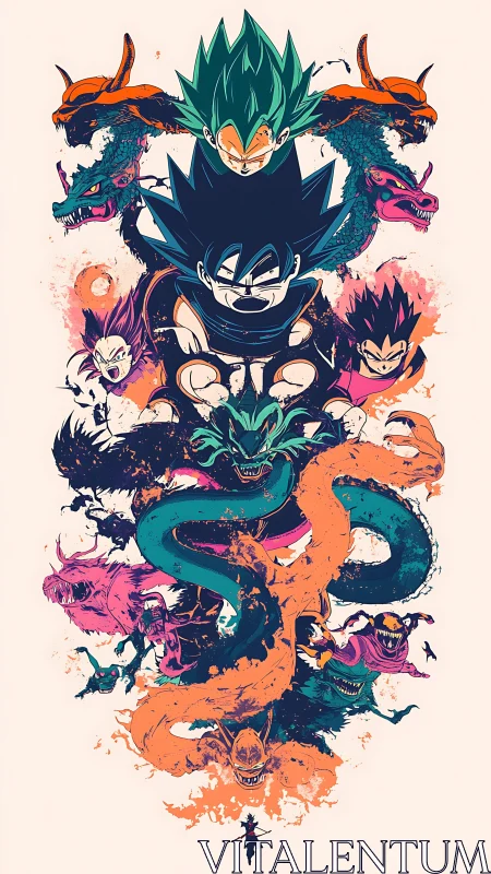 Saiyan warriors clash amid coiling dragons and cosmic fury.