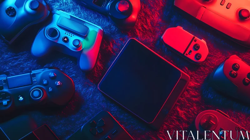 Gaming controllers glow in neon red and blue studio lighting.