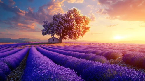 Lavender field at sunset with lone tree and small house.