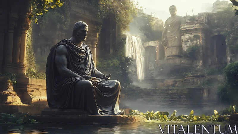 Monumental seated warrior statue in misty overgrown ruins