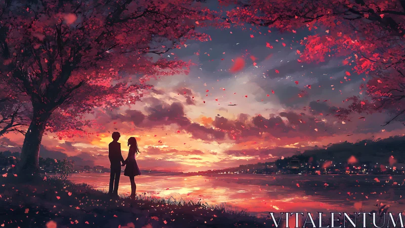 Sunset holds two quiet hearts beneath drifting cherry blooms