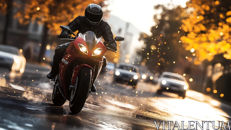 Rain-slicked city rider cuts through molten autumn light.