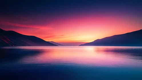 Vibrant sunset over tranquil mountain lake horizon.