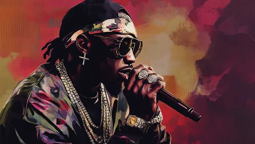 Digital portrait of rapper in performance profile view.