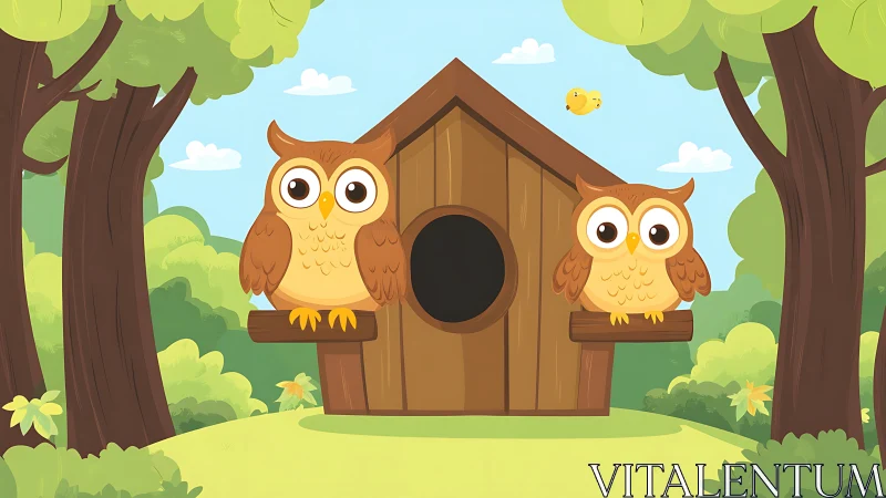 Cute cartoon owls on birdhouse in vibrant forest landscape.
