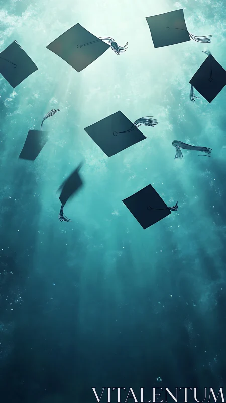 Graduation caps drift upward through luminous teal water.