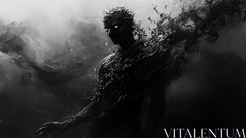 Viscous shadow entity dissolving into turbulent vapor field.