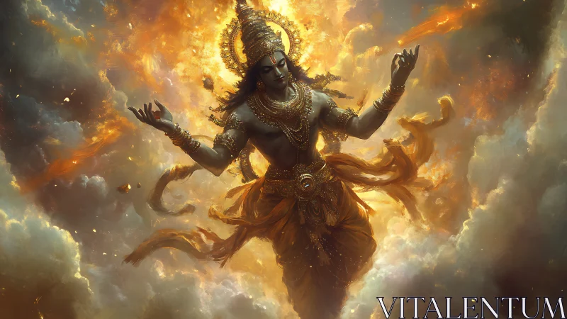 Radiant celestial figure dancing in golden swirling light.