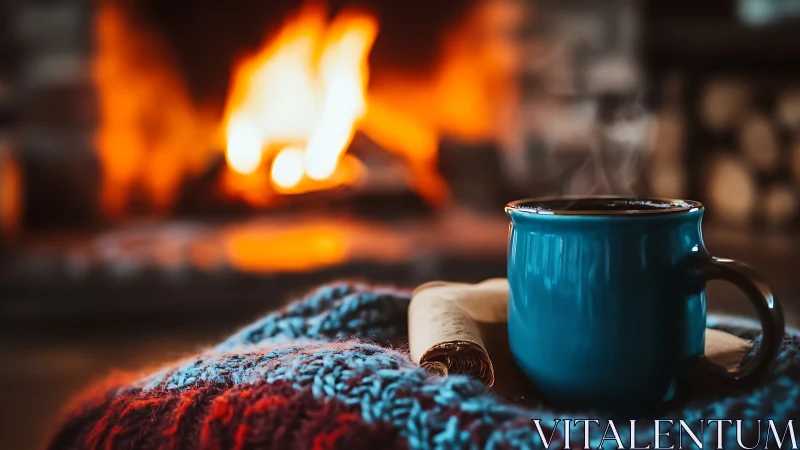 Campfire Warmth: Blue Enamel Mug and Cozy Knit Blanket.