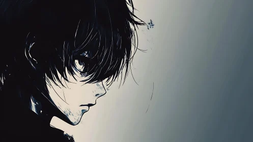 Melancholic anime boy profile rendered in stark monochrome