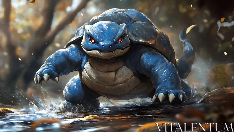 Armored blue creature charging through sunlit forest stream.