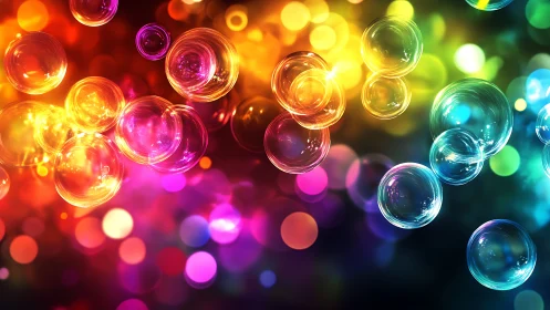 Iridescent soap bubbles glow over dense multicolor bokeh field