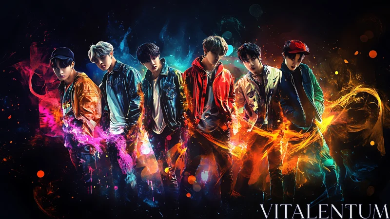 Seven male figures stand in neon fire and smoke effects