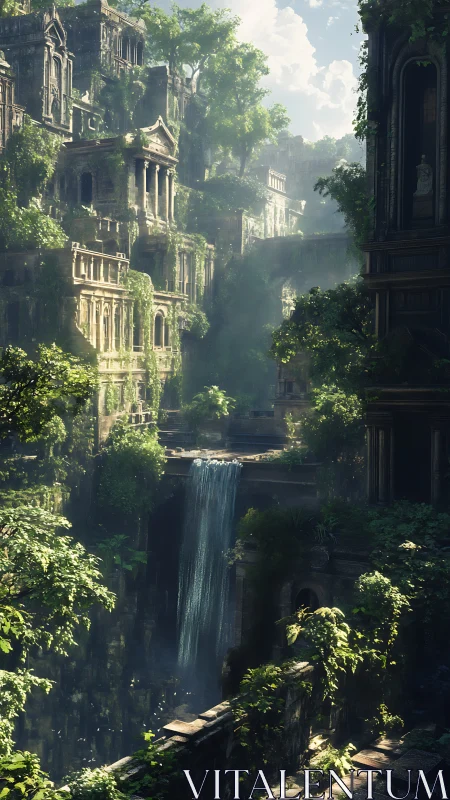 Verdant ruined city with cascading central waterfall. Period.