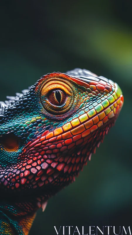Multicolored reptile head in close-up against dark background.