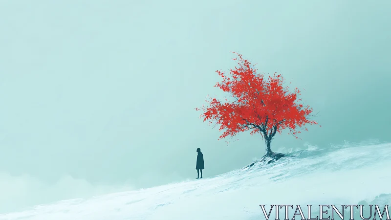 Solitary figure studies a vivid red tree on a minimal snowy slope