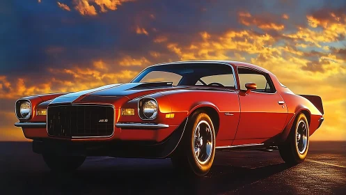 Sunset cruise with a fiery classic muscle car glow.