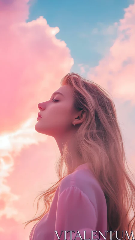 Dream-breather in rose clouds and cotton-candy sky glow.