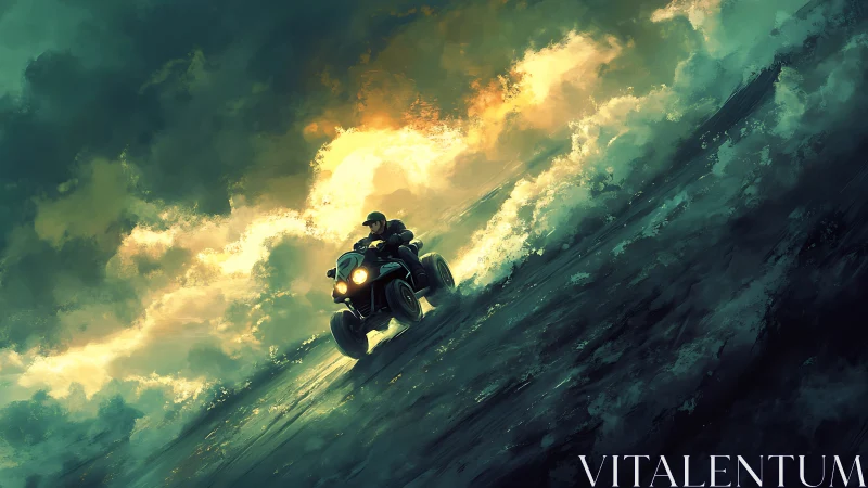 Quad bike rider cutting through stormwave under sunset glow.