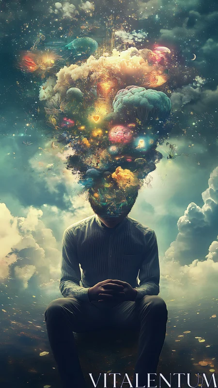 Exploded cerebral cosmos emerges from seated figure in luminous clouds