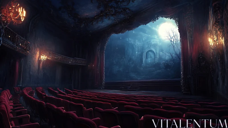 Moonlit haunted theater merges stage drama with ghostly ruins