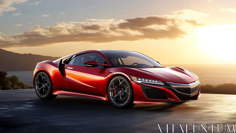 Red sports coupe parked by ocean road at sunset.