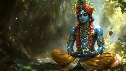 Blue mystic sits in sun-dappled forest, weaving quiet light