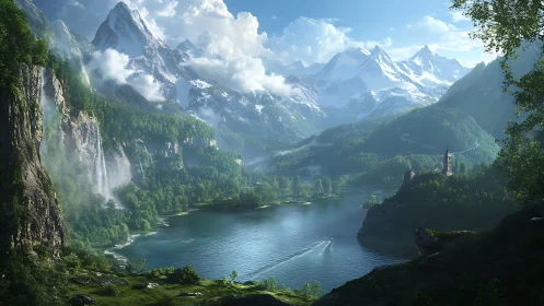 Mountain lake valley with waterfalls and distant tower.