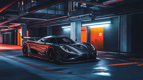 Night-lit supercar waits in a sleek underground hideout