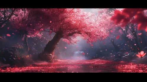 Whispering cherry river under velvet dusk blossomstorm.