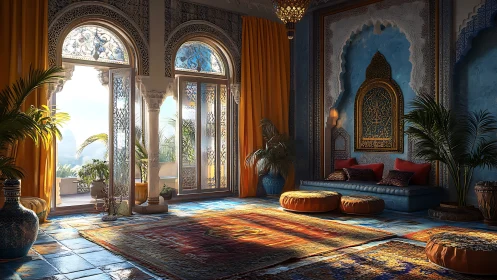 Sunlit Moorish salon renders detailed arches and rich textiles
