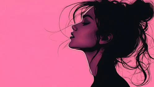 Side profile digital portrait of woman on hot pink background.