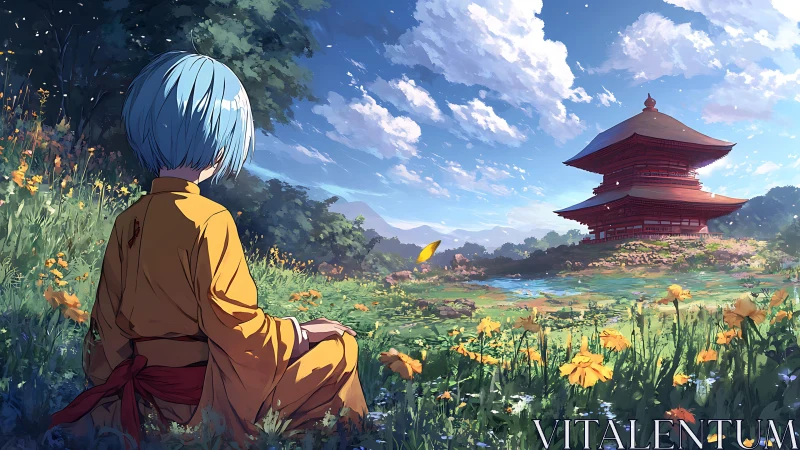 Monastic observer in floral meadow facing tiered pagoda under cumulus sky.