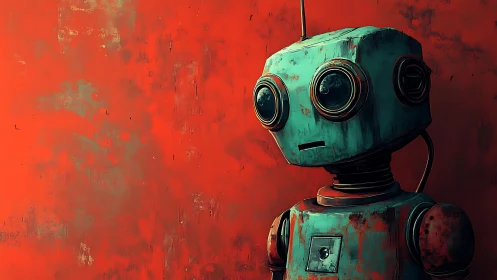 Weathered teal robot against textured red backdrop.