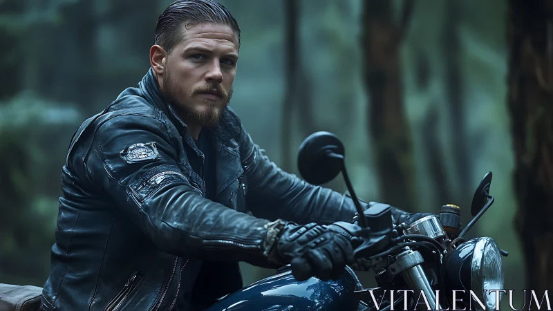 Man in leather jacket on motorcycle in forest setting.