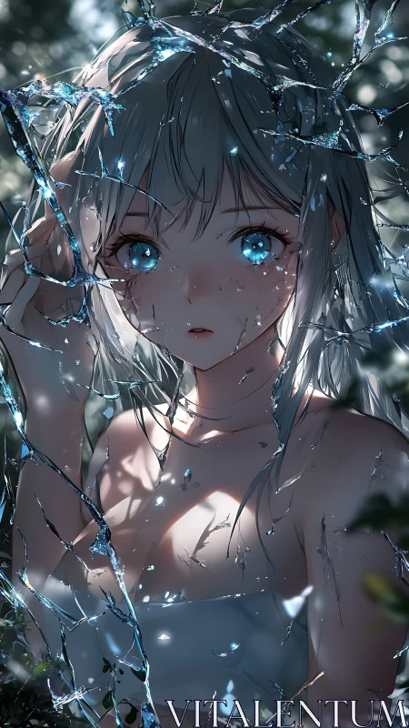 Crystal-eyed girl framed by shattered reflective glass