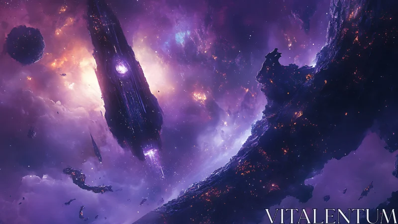 Violet starship drifts through ember-lit galactic ruins.