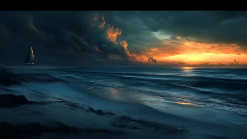 Storm-lit ocean sunset meets solitary sailing boat at dusk.