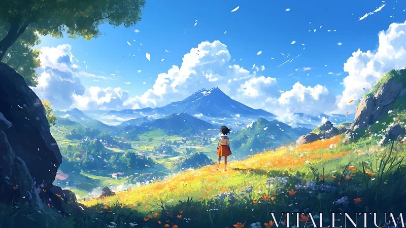 Solitary girl surveys expansive valley under luminous blue sky