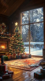Photorealistic Christmas cabin interior with tree and gifts.
