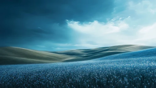 Undulating grassy hills and blue wildflower field under sky.
