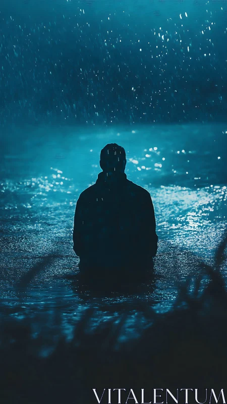 Quiet silhouette soaking in blue rainlit reflections.