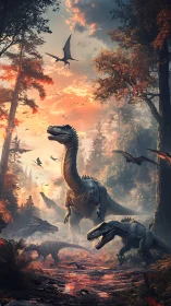 Cretaceous megafauna under volumetric sunset scattering field.