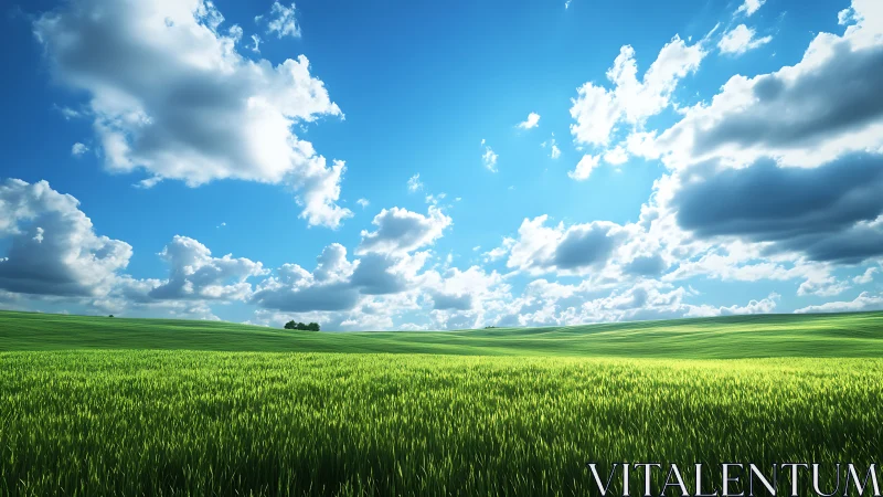 Photorealistic pastoral field under expansive cloud-swept sky.