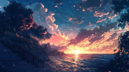 Coastal sunset sky ignites waves with luminous color gradients.