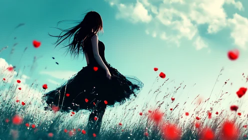 Silhouetted woman stands in poppy field under bright sky