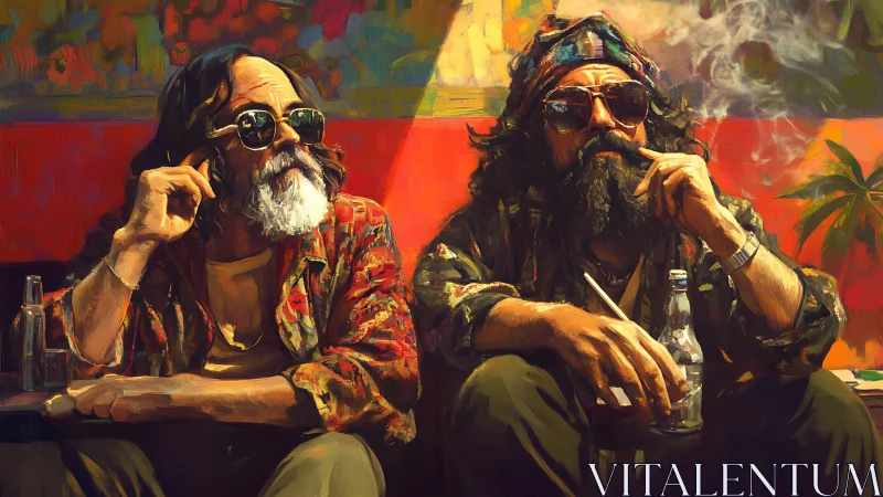 Two relaxed men in sunglasses share drinks and smoke.