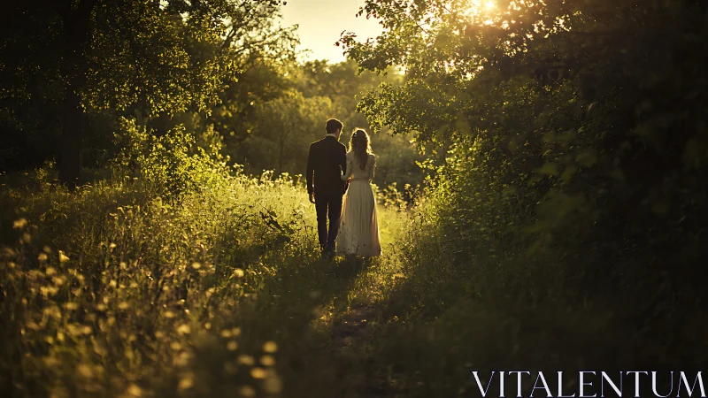 Couple Walking Through Golden Forest Path at Sunset.